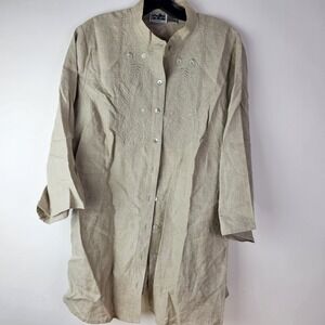 IRISH LINEN Womens Edward Blouse 1X Khaki Beige Embroidered Floral Top Button LS